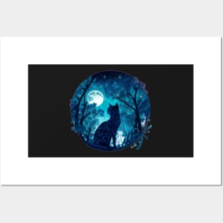 moonlight blue galaxy forest cat Posters and Art